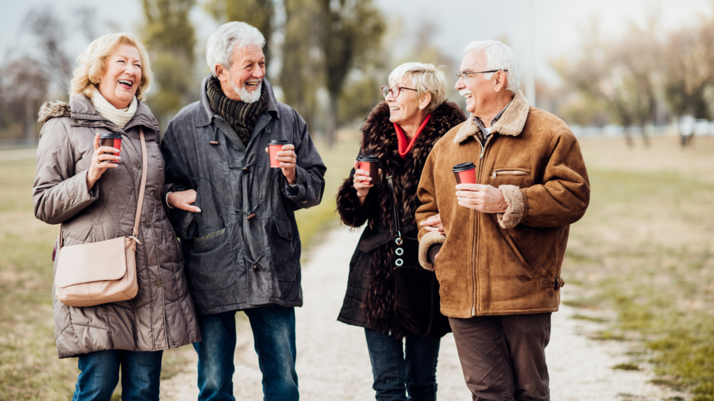 a group of 4 senior citizens in a park laughing and chatting