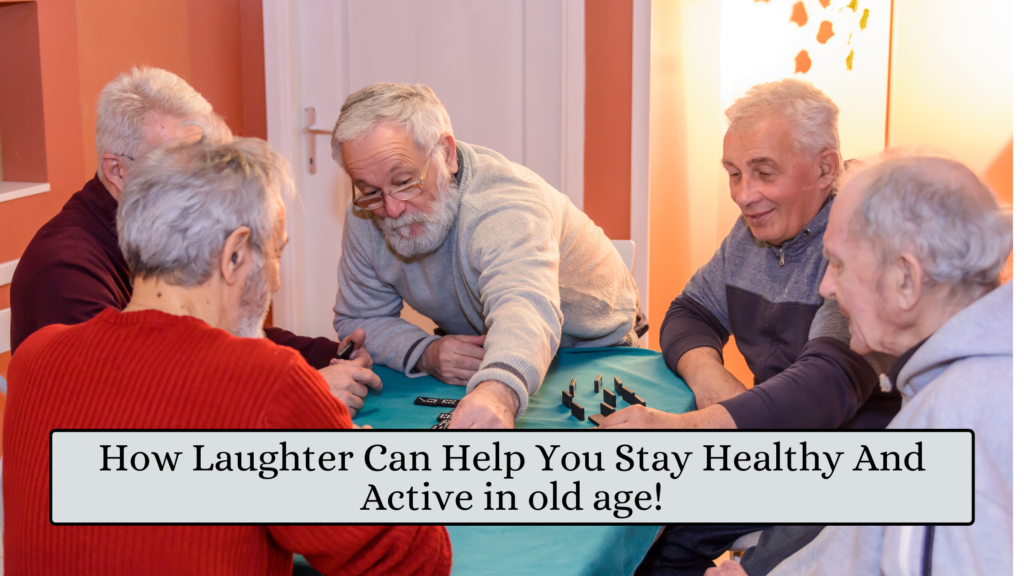 A group of 5 elderly men laughing and joking while playing dominoes