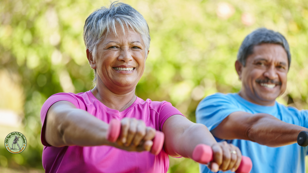 Elderly husband and wife exercising with dumbbells